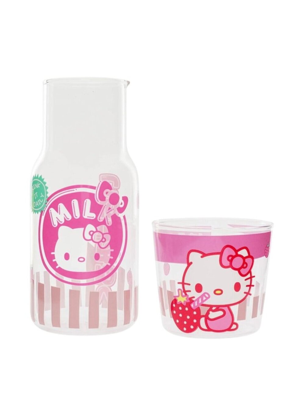 Hello Kitty Glass Water Pitcher With Cup 18 Oz (532 Ml) Pink & White Design Incl